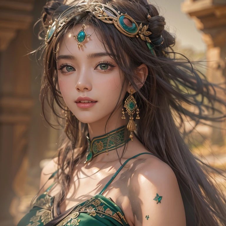 portrait, solo, half shot, detailed background, detailed face, (<lora:stonepunkai_v10:0.8>, stonepunkAI, stone theme:1.1), wise, shaman, mystical, Seafoam Green frayed clothes, beads, obsidian, floating particles, embers, trees in background, ritual, whirlwind, foreboding atmosphere