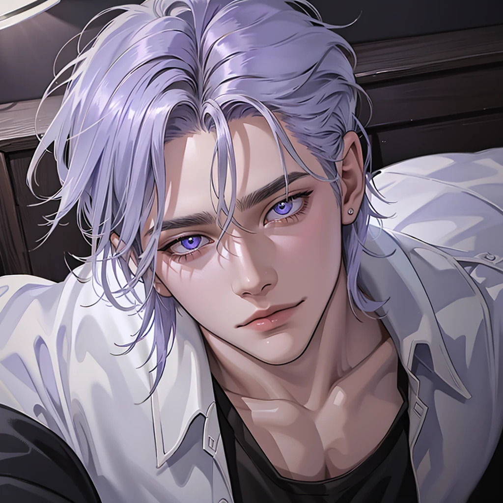 1boy, solo, detailed silver hair, cinematic lighting, high-resolution, lean build, detailed violet beautiful eyes, silver hair, sexy open shirt, melancholic expression, high resolution