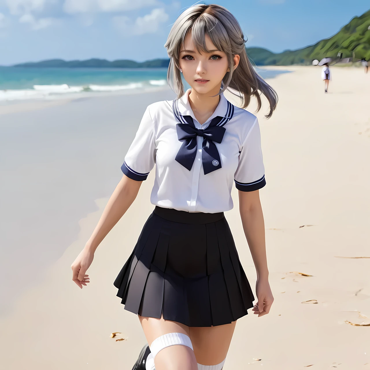 ((masterpiece)), ((best quality)), ((highres)), ((extremely detailed CG unity 8k wallpaper)), solo, tachibana kanade, tan school uniform, black skirt, white socks, outdoors, face, beach, hanging hair, parted hair, silver hair