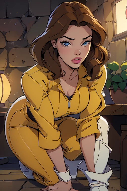 Beautiful young woman, April O'Neal, (beautiful detailed eyes), (beautiful detailed lips), (extremely detailed eyes and face), (long eyelashes), long brown hair, (red lipstick), (brown eyes), yellow jumpsuit (rolled-up sleeves), white boots, (Channel 6 News), (Classic TMNT 1980s cartoon), (best quality, 4k, 8k, highres, masterpiece:1.2), ultra-detailed, (realistic, photorealistic, photo-realistic:1.37), (HDR), (UHD), (studio lighting), (extreme detail description), (professional), (vivid colors), (bokeh), (portraits), (concept artists), (bright, warm colors), (soft, diffused lighting).