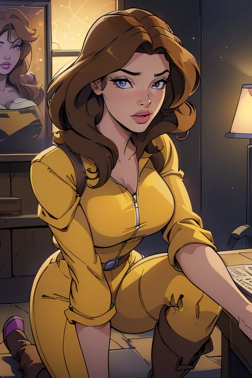 Beautiful young woman, April O'Neal, (beautiful detailed eyes), (beautiful detailed lips), (extremely detailed eyes and face), (long eyelashes), long brown hair, (red lipstick), (brown eyes), yellow jumpsuit (rolled-up sleeves), white boots, (Channel 6 News), (Classic TMNT 1980s cartoon), (best quality, 4k, 8k, highres, masterpiece:1.2), ultra-detailed, (realistic, photorealistic, photo-realistic:1.37), (HDR), (UHD), (studio lighting), (extreme detail description), (professional), (vivid colors), (bokeh), (portraits), (concept artists), (bright, warm colors), (soft, diffused lighting).