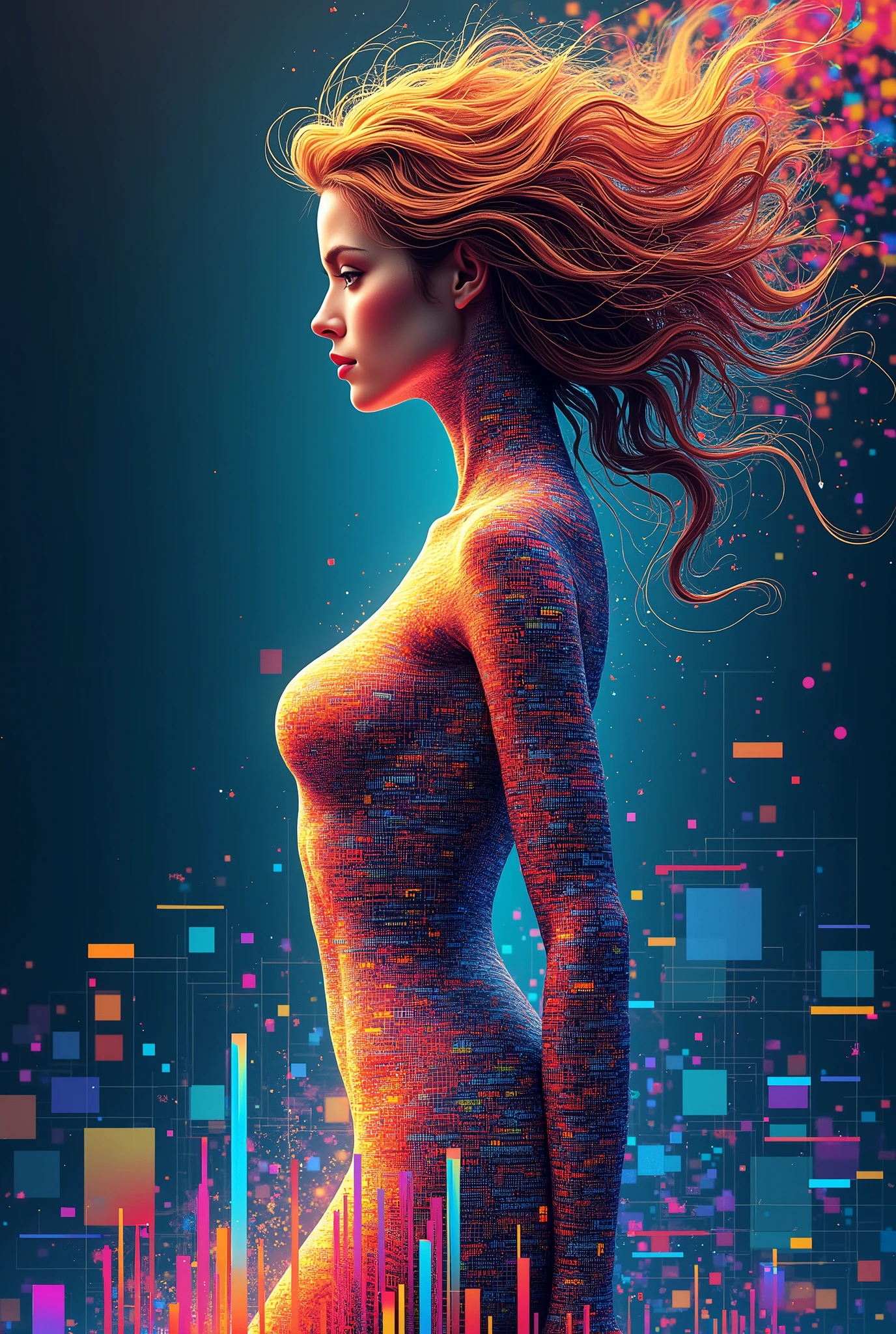 high quality, 8K Ultra HD, Imagine a vibrant canvas illuminated by a cascade of colorful binary code, forming the silhouette of a captivating woman, The dynamic lines and patterns, reminiscent of a digital dance, weave together to create a harmonious fusion of technology and art, The binary code, in hues ranging from electric blues to radiant reds and vivid greens, breathes life into the woman's form, a testament to the seamless integration of technology and beauty