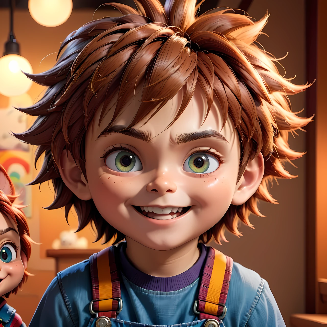 a cartoon boy with a cute chucky-like character, highly detailed, beautiful ghibli style, 8k, photorealistic, studio lighting, warm color palette, detailed facial features, expressive eyes, adorable smile, cute and whimsical expression, mischievous pose, playful atmosphere, complex background with natural elements, vibrant colors, soft lighting, fantasy elements