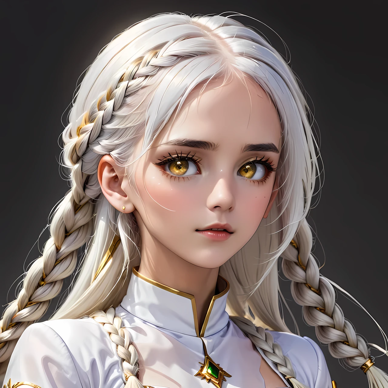 best quality, masterpiece,white hair, gold eyes,white clothes, looking up, upper body,hair strand,Fair skin,side braids