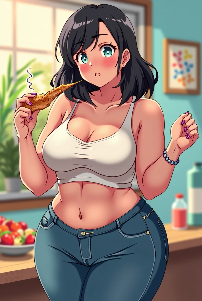 (((kipteitei art))), Masterpiece, high quality, best quality, beautiful, HD, perfect lighting, detailed face, detailed body, 1girl, solo, short black hair, bangs, fluffy hair, ((messy hair)), green eyes, glasses, seductive smile, ((blush)), medium breasts, cleavage, perky breasts, (wide hips), ((thick thighs)), big ass, ((chubby)), (belly hang), belly rolls, ((((belly grab)))), holding pizza, ((white shirt)), (((pink panties))), (((tight clothes))), ((undersized clothes)), apartment, kitchen, belly resting on counter top,