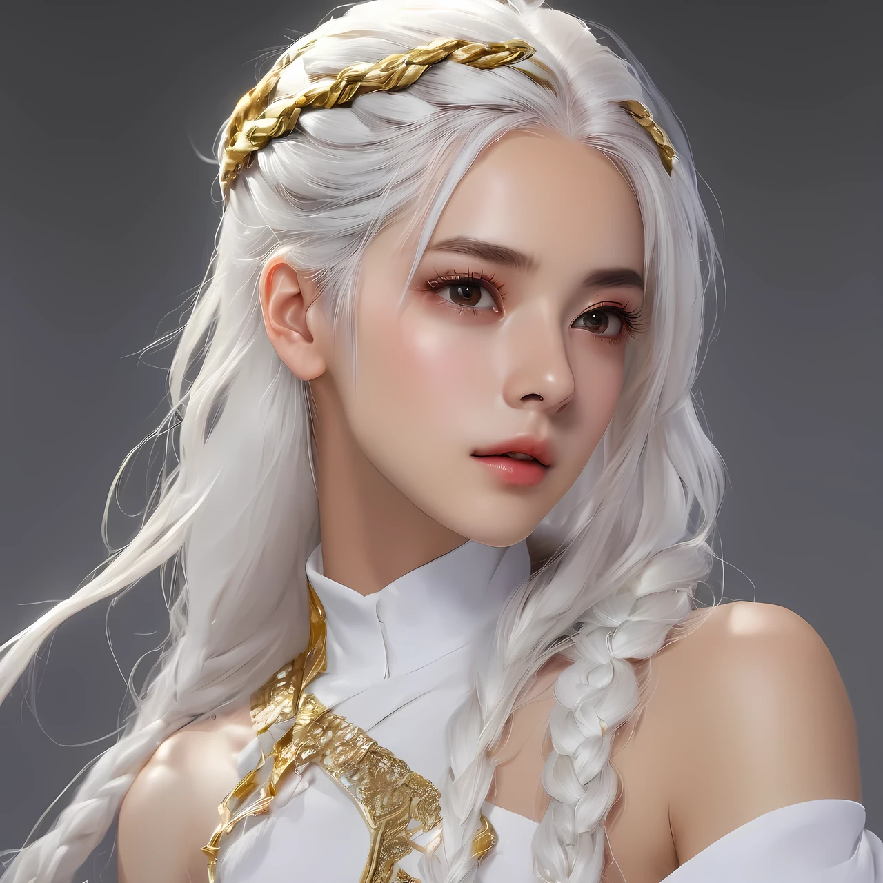 best quality, masterpiece,white hair, gold eyes,white clothes, looking up, upper body,hair strand,Fair skin,side braids