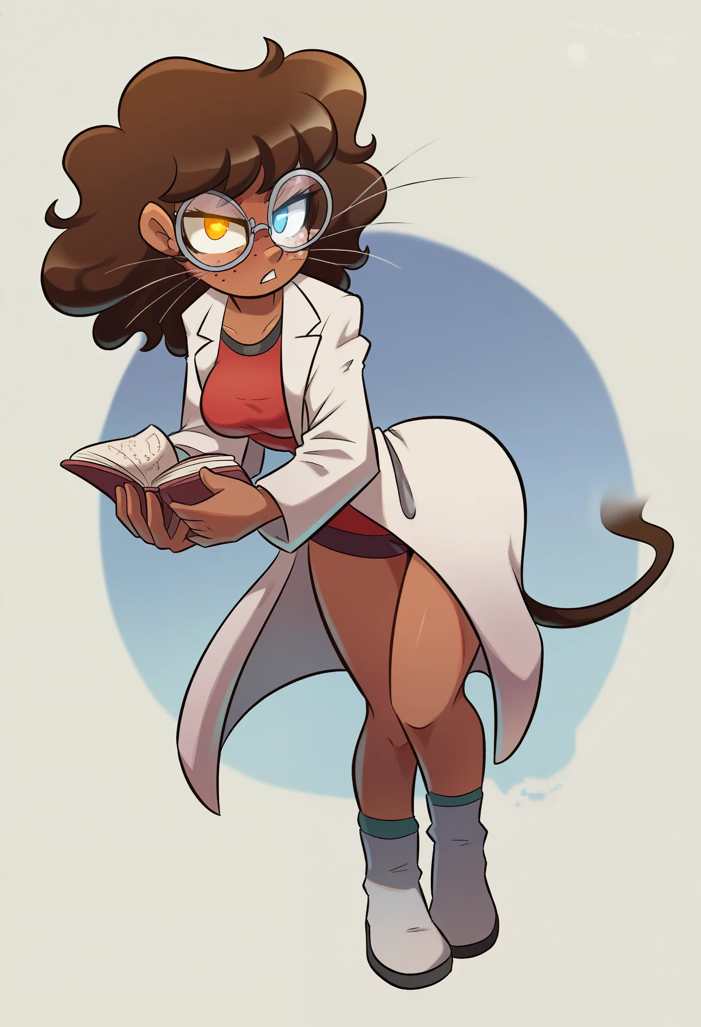 A smart and nerdy, yet cute young woman with dark chocolate brown skin stands confidently while holding a book. She is dressed in a delicate lab coat that drapes over a red undershirt, creating a subtle but vibrant contrast. Her face is framed by soft, slightly wavy hair, and she wears a pair of adorable round glasses, enhancing her intelligent appearance. Her eyes exhibit striking heterochromia, with one eye being a bright amber and the other a deep ocean blue. Adding to her unique charm, she has soft, mouse-like ears peeking through her hair, a slender tail playfully swaying behind her, and subtle whiskers on her cheeks. She exudes a vibe of curiosity and intellect, her posture relaxed but engaged, as if she's always ready to dive into her next scientific discovery. detailed face, extremely detailed eyes, masterpiece, 4k, 8k, high-res, ultra-detailed, physically-based rendering, vivid colors, studio lighting cinematic lighting, dramatic lighting, dramatic composition, dynamic pose, volumetric lighting, Nice ass, B-cups, Cute breasts, shapely figure, Serious expression, glowing eyes, freckles, Full Body