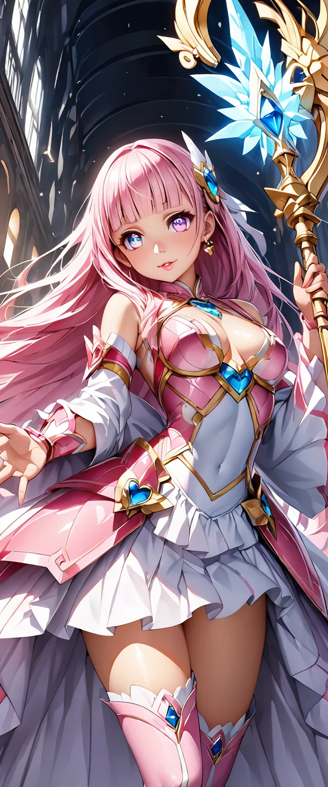 (Perfect Anatomy)、Mastepiece、Ultra High Quality、 8K、masterpiece、Highest quality、Ultra-high resolution、Maximum resolution、Very detailed、Professional Lighting、anime、woman、thin、so beautiful、Highly detailed eye、Highly detailed face、2girls, Golden earrings、Pink Hair,、Pink eyes、Mid-chest, pink lips, upper arm pink armor, white leotard, pink pattern, full body, magical girl, Angel Girl, pink thigh high stockings, white super long boots, pink gauntlet, high heels, hime cut, bridal hair accessory, kneeling, (((BREAK))), 2girls, Golden earrings、Blonde, hair bun, Yellow Eyes、Mid-chest,Valkyrie armor, white open mini skirt , full body, gold pattern, white super long boots, white long gloves, female martial artist, high heels, white clawed gauntlets, white cute headgear, gold knee armor,
