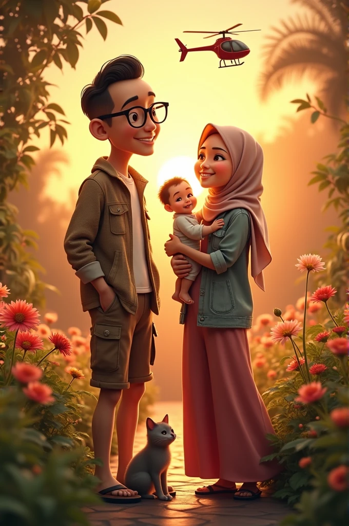 Parents with baby wearing Muslim clothes.they are riding sheep. With an aqiqah nuance. Shades of green. Background transparan. The sheep is standing on a circle of grass and there is soil underneath it.. Indonesian race
