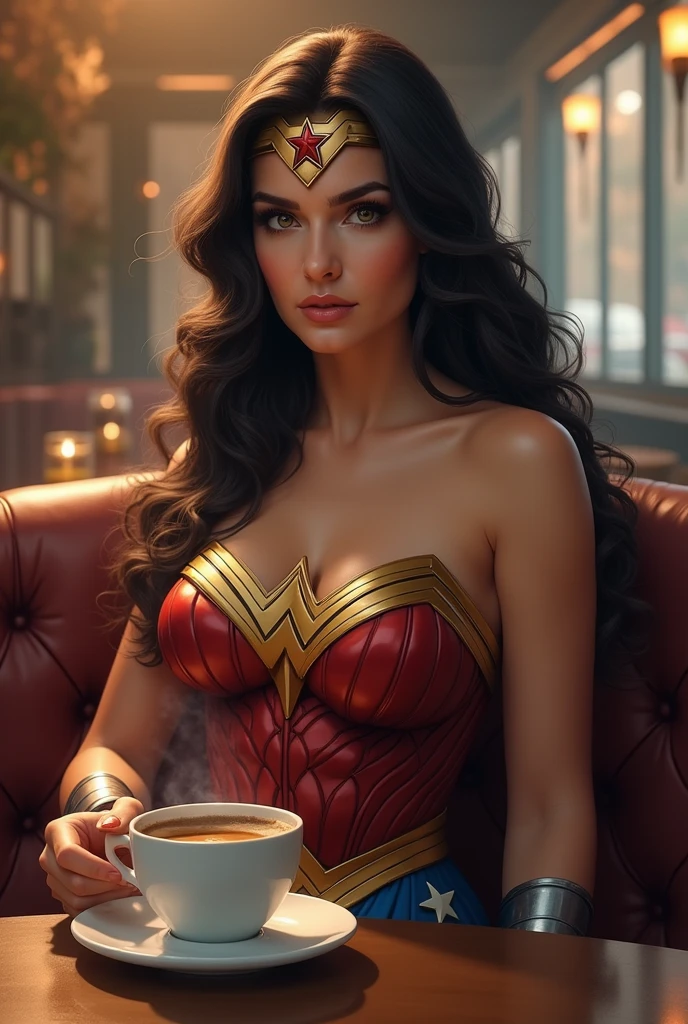 ((highest quality)), ((masterpiece)), (be familiar with), ((Elizabeth Olsen)), ((SCARLET WITCH)), perfect face、Precise、(Accurate hand and finger depiction)、(Accurate lip drawing)、(Accurate tongue depiction)、
scarlet witch woman、long hair、beautiful nails、black nail polish、eye shadow、red cloak、red knee high boots、drinking tea at a cafe in town、(Laughter:1.0)、(Have a teacup:1.4), (A pot of tea and cookies on the table)、(enjoying tea time)、plump body、big breasts、cleavage、constricted waist、big ass、Glamorous、glamorous、
cinematic, (Complex:1.4), low contrast、side lighting, best shadow, The background is a European countryside