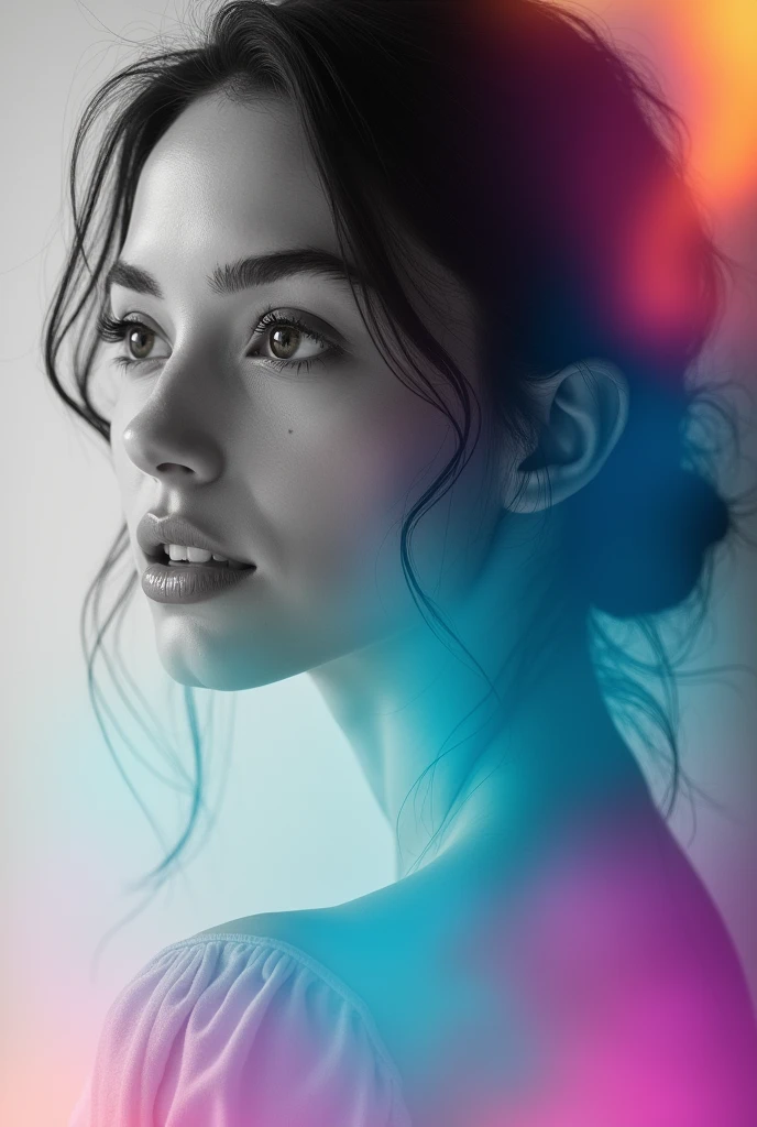 a colorful liner gradients overlay on top of a monochrome photo of beautiful woman with opacity 0.9, overlay photography, well blended 