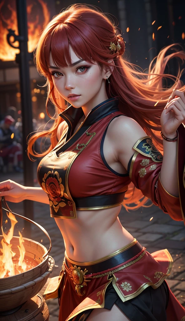 (Top Quality), ((Masterpiece)), (Photorealistic Stick: 1.2), (Sharp Focus), Fantasy Art, Dream World, 1girl, Red, Goddess of Fire, ((Rising Flame)), ((Rising Flame) Dancing inside)), ((violent dance)), (powerful pose, changing poses,), firebird, firebird feathers, all red, accurate anatomical body and hands, 4 fingers and 1 thumb, big breasts, cowboy shot, beautiful face, detailed face, perfect proportions, huge breasts, small waist, navel, crotch gap, thighs, staring, deep eyes, exposed naked Shoulders, exquisite hands, big flames dancing, light particles, halation, full of energy, colorful colors, (depth field: 1.3), perspective, light on the face,