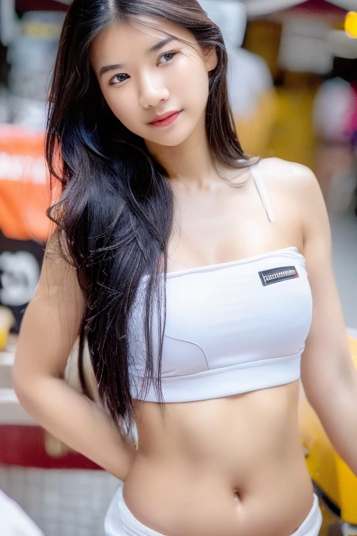 (Highest quality:1.4), (Ultra-high resolution:1.2), (Realistic:1.4), (8k, RAW Photos:1.2),(Portrait Photography:1.3), Banman Powder, 1 girl, One, Long Hair, Black Hair, Upper Body, White shirt, Crop top, belly button, Browsing Caution、cheer leading