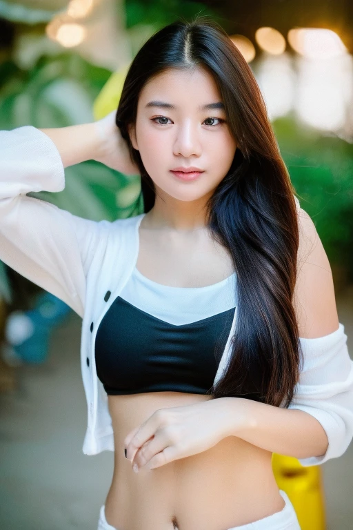 (Highest quality:1.4), (Ultra-high resolution:1.2), (Realistic:1.4), (8k, RAW Photos:1.2),(Portrait Photography:1.3), Banman Powder, 1 girl, One, Long Hair, Black Hair, Upper Body, White shirt, Crop top, belly button, Browsing Caution、cheer leading