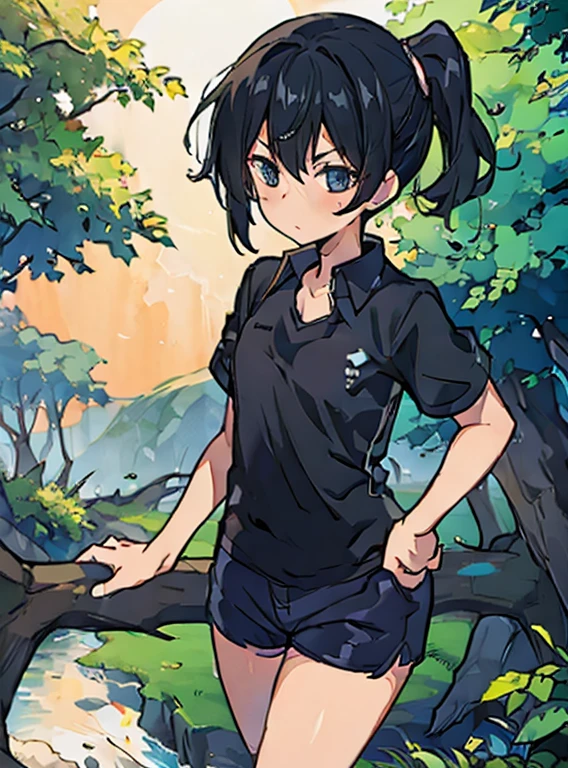 a girl with black hair , shorts , and half sleeved shirt 