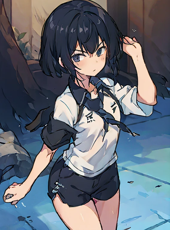 a girl with black hair , shorts , and half sleeved shirt 