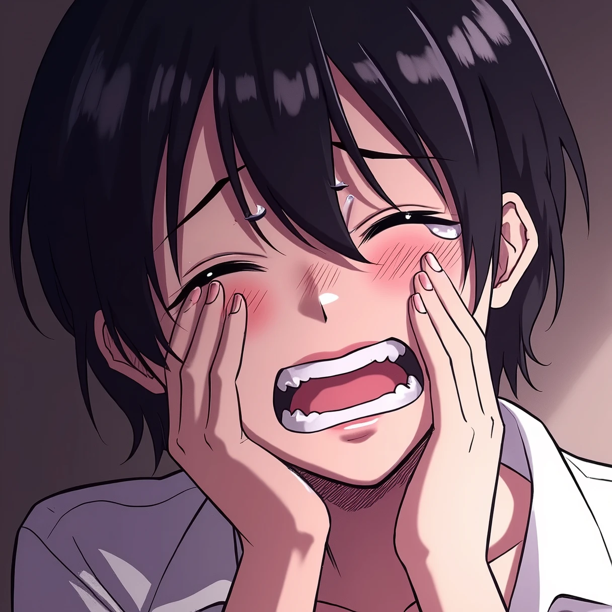 anime boy, black hair, close up, crying, cry, sad, open mouth, black shirt, color manga, manga color, color manga, color manga panel, simple background, a white background