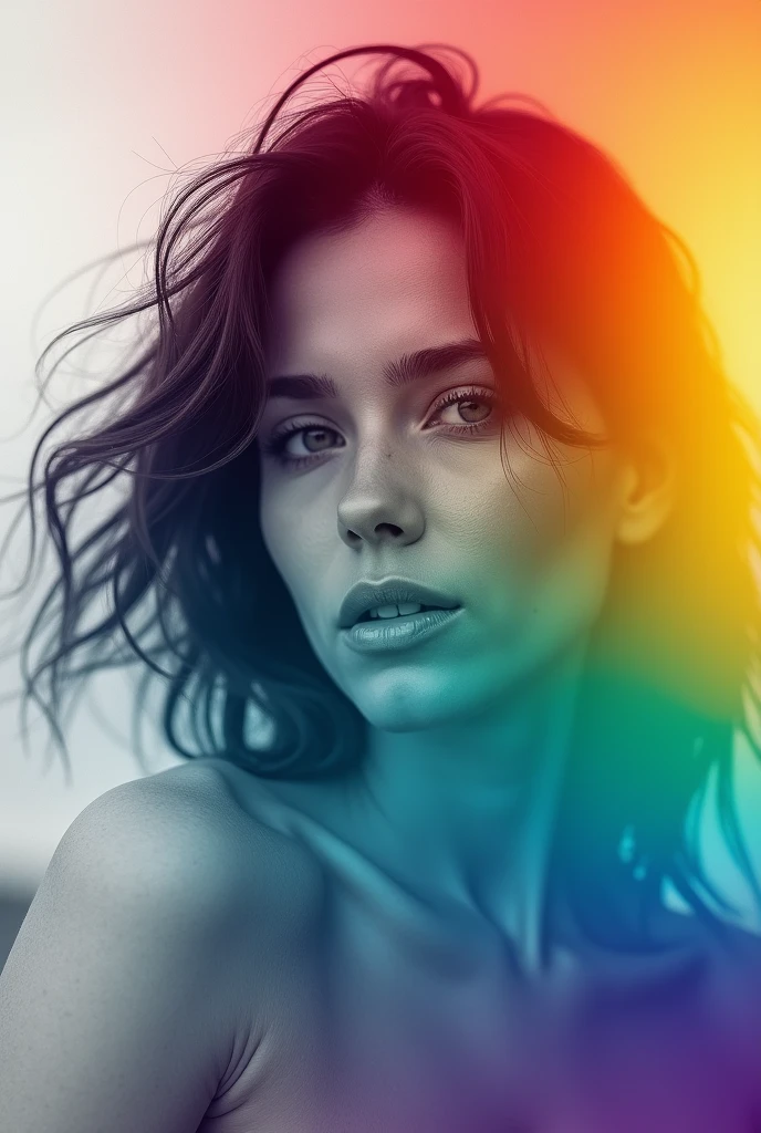 a colorful liner gradients overlay on top of a monochrome photo of beautiful woman with opacity 0.9, overlay photography, well blended 