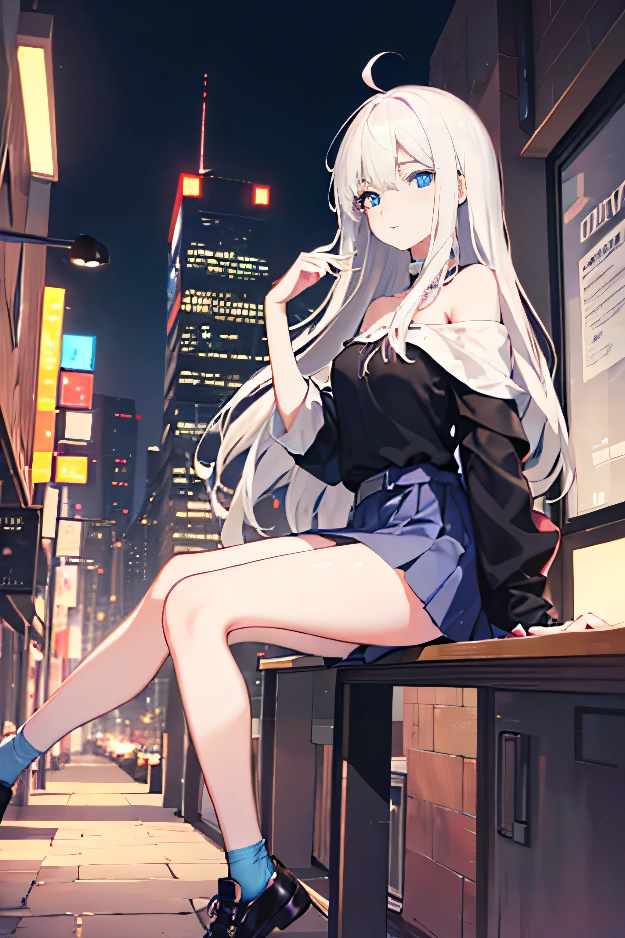 (masterpiece), (best quality), (highest Quality), (Ultra detailed), (highest Resolution), 8K, High definition RAW color art, holographic, anime style, beautiful face, ((ultra detailed face)), (deep blue eyes:1.4), (solo), beautiful and detailed eyes, looking at viewer, (a ager lady), (office wear:1.4), (short skirt:1.4), white skirt, black blouse, (bare legs:1.2), sleeveless, (off shoulder:1.4), (white hair:1.4), (long hair:1.4), (straight hair:1.4), slender, thin body, thin arms, thin legs, long arms, long legs, street, urban, city, night, cyberpunk
