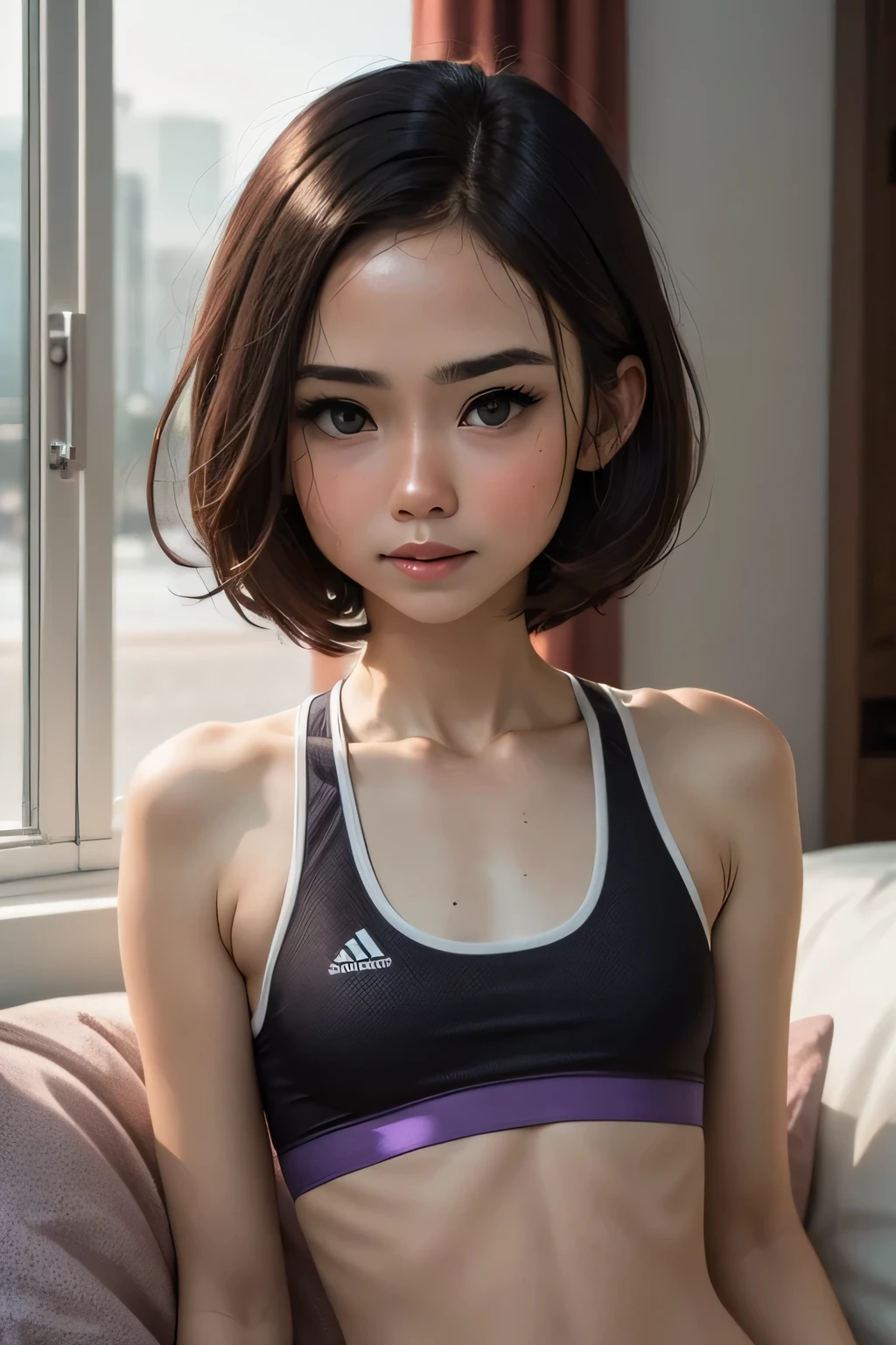 ((LIE DOWN)), (Wearing Swimsuit), (((SHORTHAIRCUT STYLE HAIR ))), masutepiece, High quality, UHD 32K, Realistic face, Realistic skin feeling , A Malay Lady, , , Very cute and -like face, (((FLAT CHEST:1.3))), (MATRIX WORLD), ((look In front at the camera and SADNESS)), ((())), (((CUTE GIRL))), ((BLACK LIPS)), ((WHITE PURPLE)), (undress). ((naked:1)), ((babysports bra)