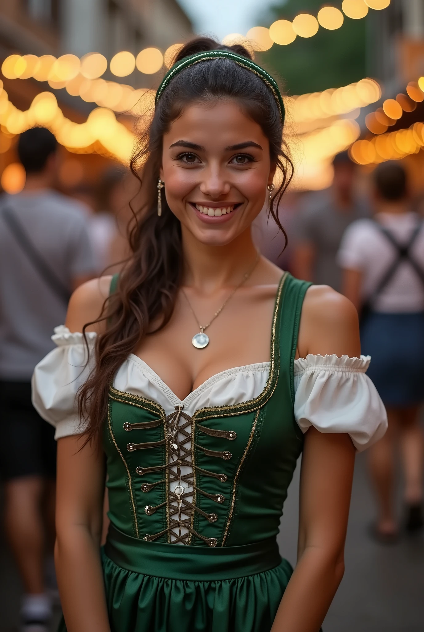 (​masterpiece, best quality:1.5), highest quality, High resolution, super detailed, Realists, A torso photo of a 22-year-old brunette woman, detailed and beautiful eyes, beautiful detailed lips, very detailed eyes and face, longeyelashes, A 22-year-old woman in a beautiful, short, shimmering satin dirndl, Tip in the fabric, Beautiful and colorful makeup, elegant and noble々Pose, hairband, ponytail hairstyle, Munich as a backdrop, bright daylight, bright colors, fine brushstrokes, Portrait style, beautiful color palette, glowing skin, First-class rendering, that captures every detail, enchanting atmosphere, (perfect anatomy:1.2), (The stunning woman is wearing a beautiful, Short satin dirndl with stockings.. smiling in love and full of joy at the festival, nice legs. She sits on the fountain and presents her stockings and beautiful shoes   (magnificent panorama view:1.2)