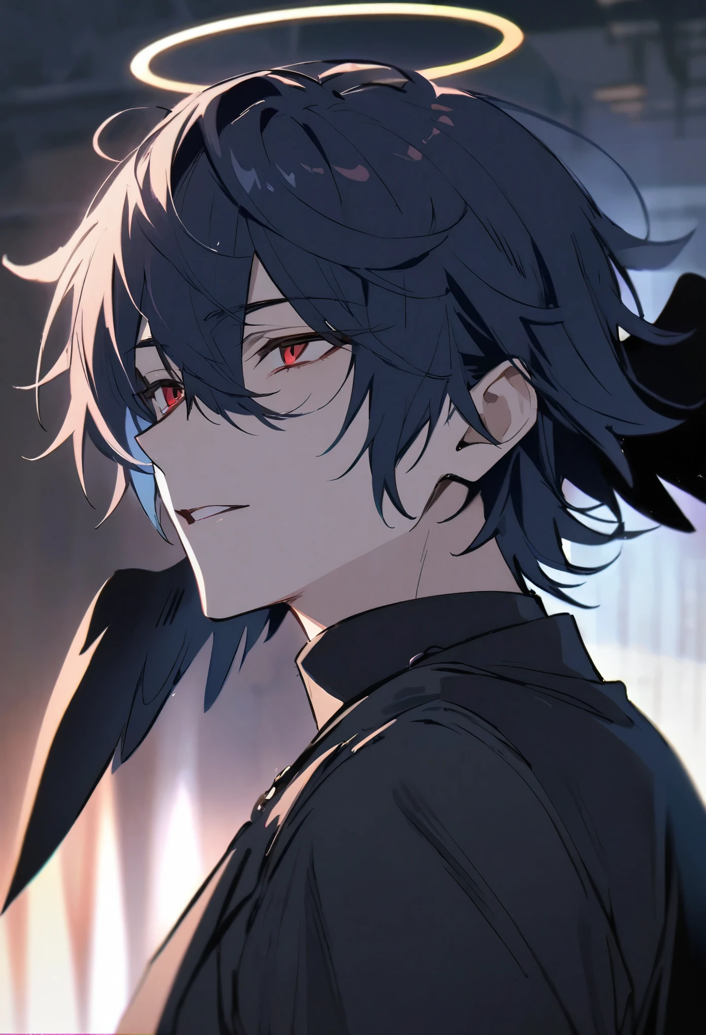 solo, handsome, 1 male, short hair, dark blue hair, dark red eyes, black shirt, black coat, halo, dark small wings behind ears