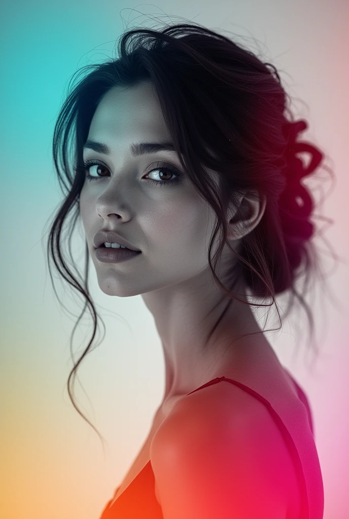 a colorful liner gradients overlay on top of a monochrome photo of beautiful woman with opacity 0.9, overlay photography, well blended 