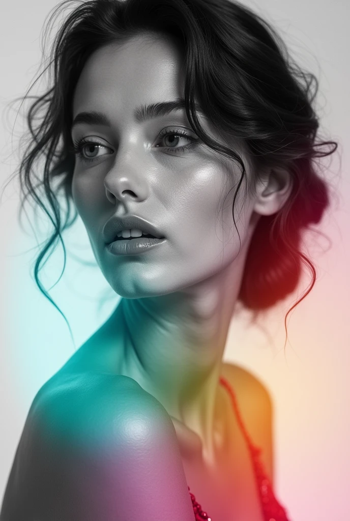 a colorful liner gradients overlay on top of a monochrome photo of beautiful woman with opacity 0.9, overlay photography, well blended 