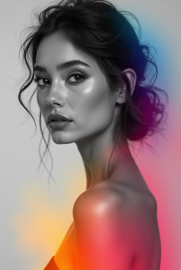 a colorful liner gradients overlay on top of a monochrome photo of beautiful woman with opacity 0.9, overlay photography, well blended 