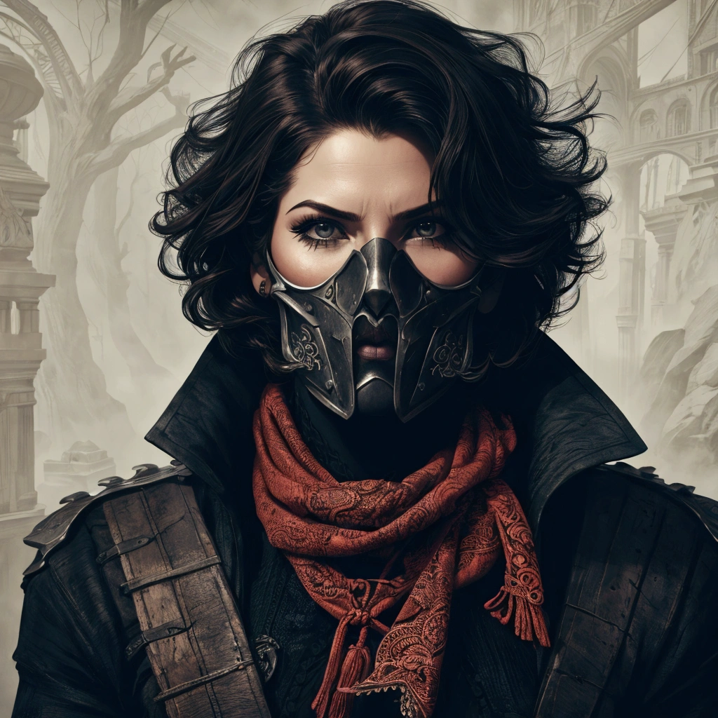 rogue thief girl, worn damaged leather armor, (knitted rogue Neck Gaiter), (smirk), (nose blush), beautiful detailed eyes, (messy hair), drawn by Greg Rutkowski, (Yoji Shinkawa:0.3)