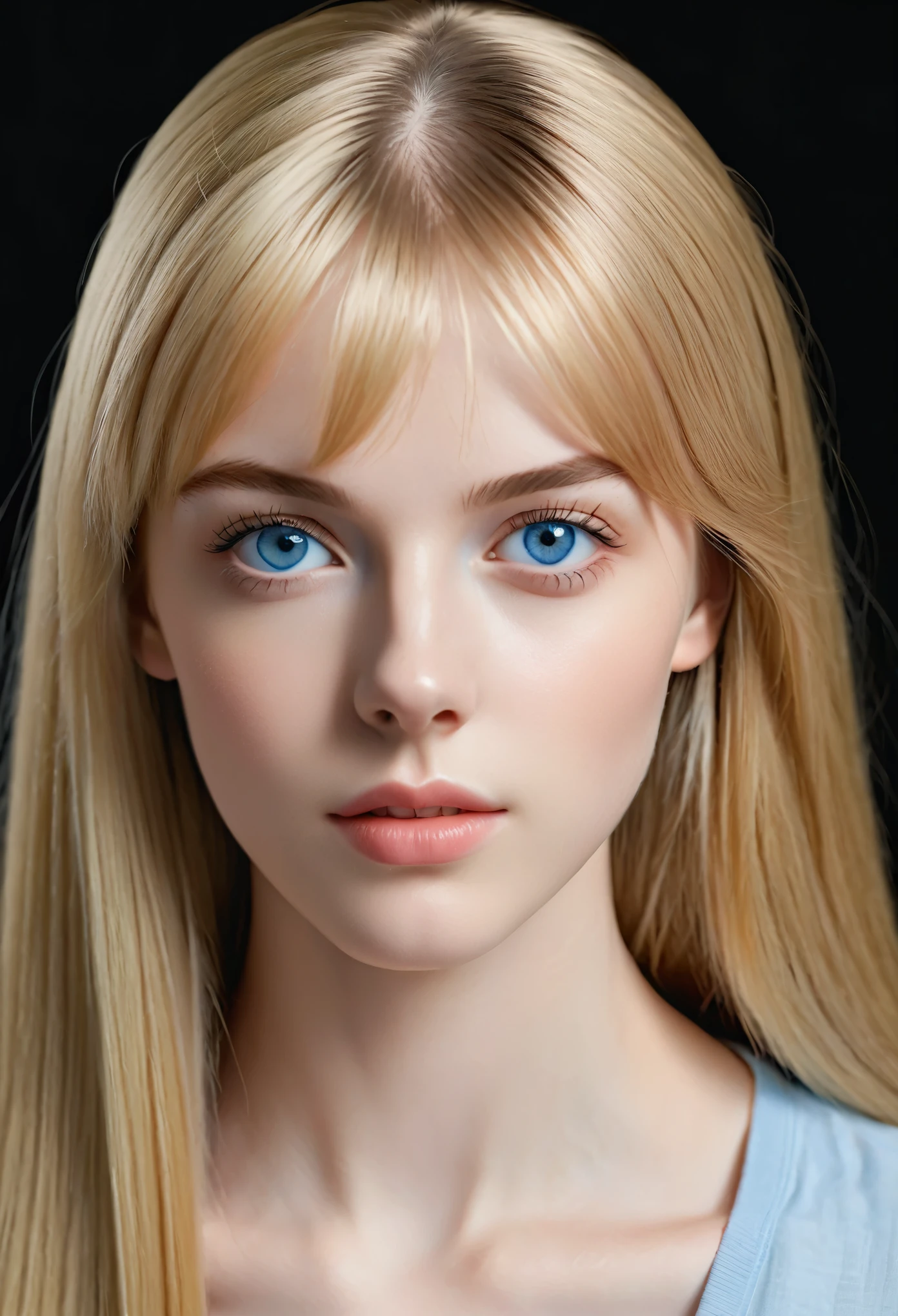 Realism, UHD, masterpiece, accurate, anatomically correct, 16k, best quality, (teenage), a girl, (blonde) long straight hair, (inspired) bangs, pale skin, (clear skin), upturned big eyes, (sparkling blue eyes), ultra detailed face, (straight) thin eyebrows, upturned nose, healthy cheeks, closed mouth, calm