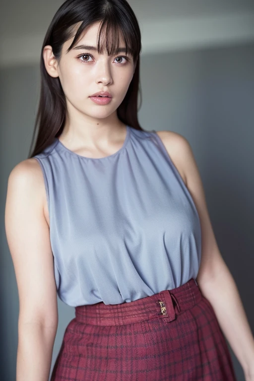 1woman,Javanese Woman, long shirt, Look at viewer, ((Grey Wall Background)),Long Hair, High Quality, Photorealistic, Natural Lighting, Natural Shadow, Glowing Skin, Shot with Sony A7 mark IV, Coboy Shot, Sharp, Clear Subject, big breast size, knit strap tanktop