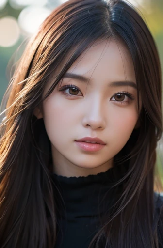 masterpiece, best quality, ultra-detailed, 17 years old,intricately detailed hyperdetailed, realistic, sharp features, highly detailed, sharp focus, perfect face, perfect face, perfect symmetrically perfect eyes, perfect full lips, flexible female form, cinematic, film light, hyper detailed, hyper realistic, high resolution, vibrant, dynamic studio lighting, (Dark background), Sexy face, Facial expressions when receiving pleasure, straight Bangs, Exposed cleavage, brown Eyes,black sweater, cowboy shot,