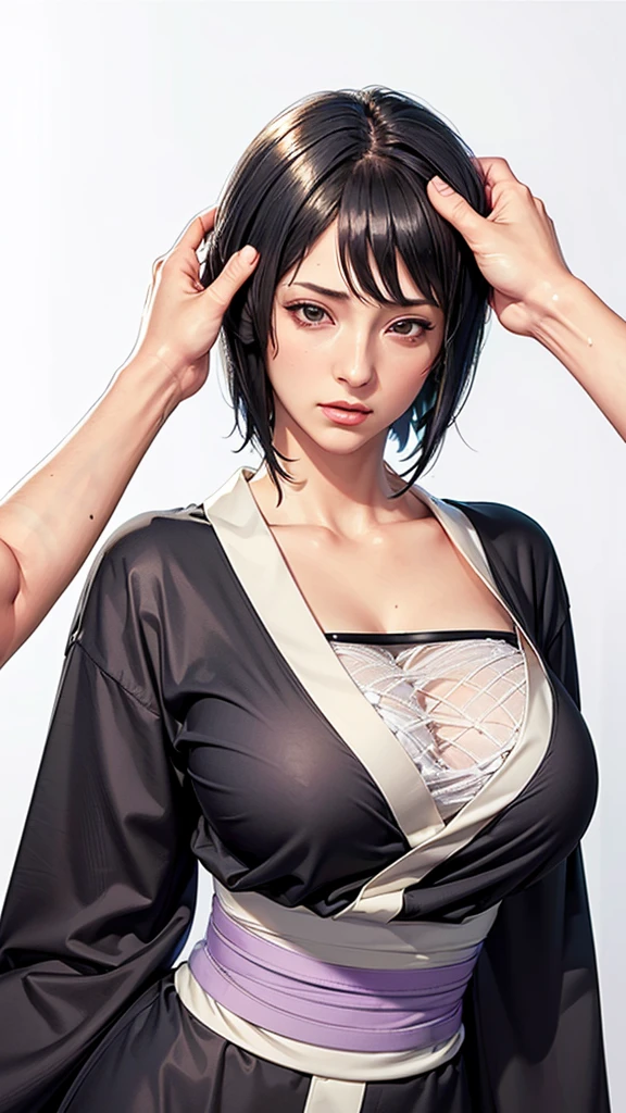 (（（Perfect body,White and tender skin,（（（black kimono, sandals,Black clothes, mesh underwear, purple belt,Bandages wrapped around thighs）））,(（（shizune,Black hair, short hair, black eyes））),((masterpiece)),highres,((Best quality at best)),masterpiece,quality,Best quality,(（（ Exquisite facial features,Looking at the audience,There is light in the eyes, ）））,Huge breasts,HEADPAT,HEADGRAB,FELLATIO）））