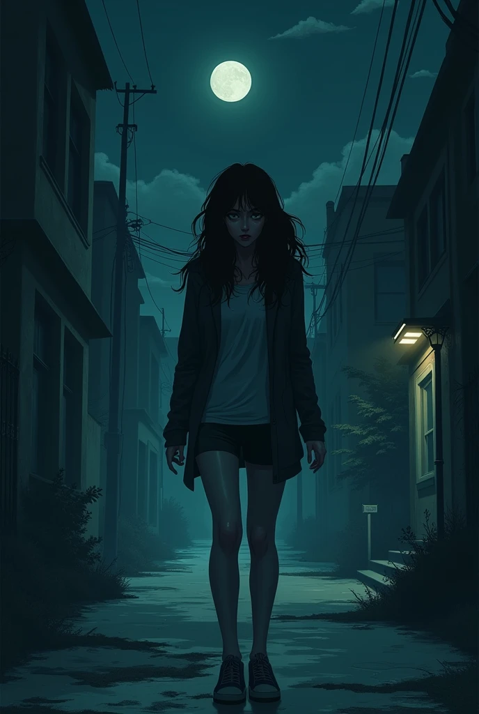 For the cover of Volume 2, we can introduce a new element that reflects the protagonist's escalating situations and growing despair. Let's present her in a different setting and pose: The protagonist is shown standing in the middle of a dimly lit and run-down alley at night. The walls on both sides are covered in graffiti and rubbish is scattered across the floor. A single flickering streetlight casts long shadows behind her. She is dressed in a short black leather skirt, fishnet stockings, and a short, tight white top that leaves little to the imagination. Her black hair is styled in messy, uneven layers, and she has heavy eye makeup, emphasizing her exhausted, blank expression. Her hands are clenched into fists at her sides and her feet are shoulder-width apart, as if she is ready to defend herself or make a hasty escape. One of her high heels is slightly scratched, suggesting a recent fight. In the foreground, at eye level, a crumpled business card lies on the floor, partially obscured by a discarded cigarette butt. The card has a provocative image of a woman in a scanty outfit, with bold letters that read "Private dancer. Discreet services." This element suggests that the protagonist turned to prostitution as a means of dealing with her financial difficulties or to pay off debts resulting from her father-in-law's manipulation.
