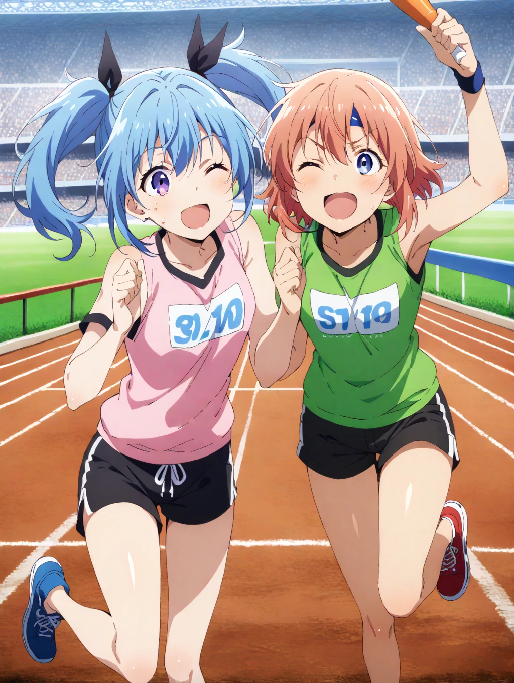 score_9_up, score_9, score_8_up, score_7_up, source_anime,masterpiece, best quality, high resolution, extremely detailed CG, absurdres, highres, 3+girls, peoples have relay race on track in a race, multiple girls, shorts, running, sneakers, headband, sneakers,relay baton,more detail XL,danbooru,
BREAK
long hair, open mouth, hat
BREAK
short hair, ^ ^, hair ornament,
BREAK
twintails, one eye closed,
BREAK
ponytail, smile,