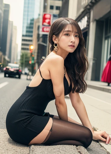 (Highest quality, masterpiece: 1.1), One Girl, Head to Toe, In the hustle and bustle of the city, (Spread your legs, Crouch down and look back)., 2 beauty, She is wearing a revealing ribbed red slit dress......, Seductive waist, Sexy pose, Looking into the camera, Sheer ribbed plain slit dress,  Sheer ribbed plain slit dress with plunging neckline, Very good, Sexy Beauties, (Nipple protrusions reflected in a ribbed slit dress), Transparent white skin, Gold jewelry on hands and feet, Sweaty skin, Black Stockings, High heels,((Anatomically correct))、((A sheer, clingy long slit dress))、((Protruding nipples))、(Race queen silk stockings)、(movie, Filming, Reality, Portrait Photography, Lens Flare, Movie lighting effects, Ultra Wide Angle, pout, Crystal Earrings, Pompadour, High resolution, High-resolution model, Textured skin), Twin tails, 