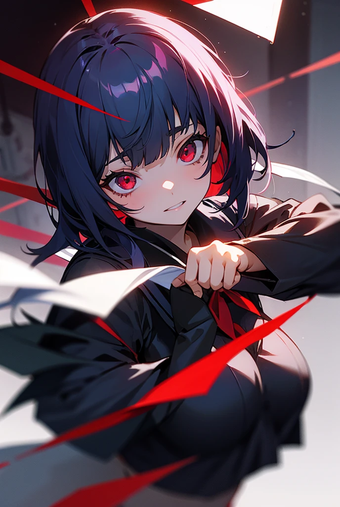 a woman in a suit, looking down at viewer with sharp eyes, she is lightining a cigarette, beautiful, red eye, Short black hair, hair bangs on the forehead, low angle view