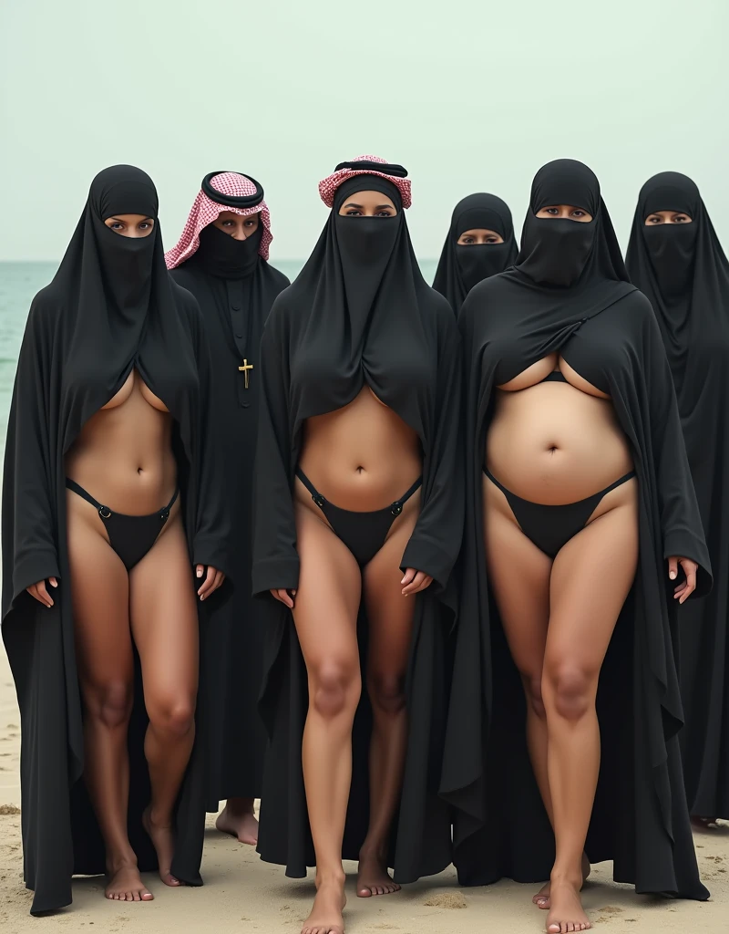 8k, top quality, finish: 1.2), (realistic, photo-realistic: 1.37), highly detailed, (1000 girls), This realistic image shows a large group of sexy Saudi Arabian women, wearing bikinis and black hijabs, walking in the middle of a Saudi Arabian city. The women in the image are white and appear to have different ages and slim body shapes. The atmosphere of this picture looks like a parade or a special event involving many female participants. , breasts, beautiful eye details, (bikini: 1.1), ((sexy)), curvy body, (full body), standing, sexy,