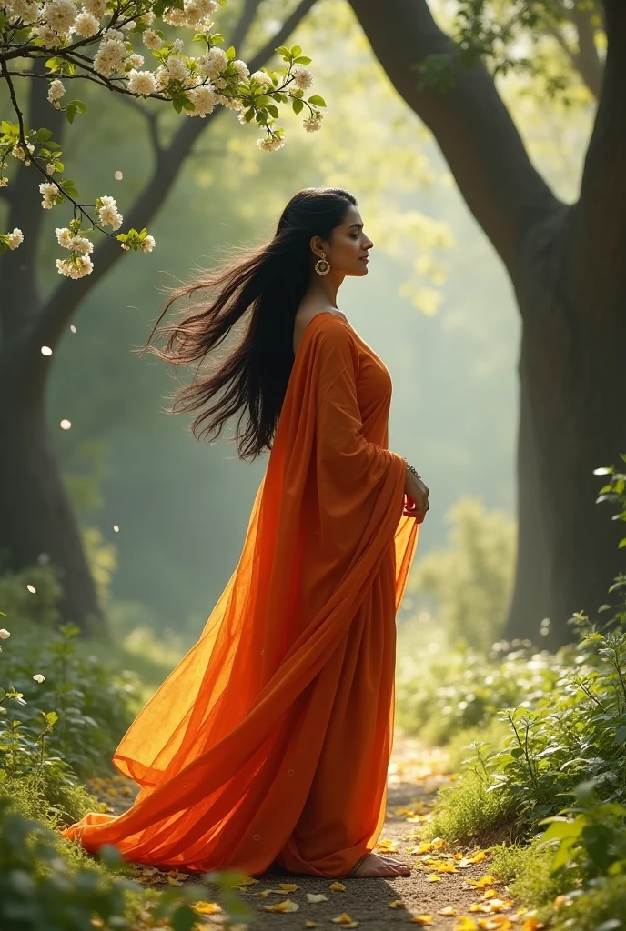Beatiful young 17 years indian girl with milky skin in green saree on a beautiful bank of river under a beautiful tree in a green forest