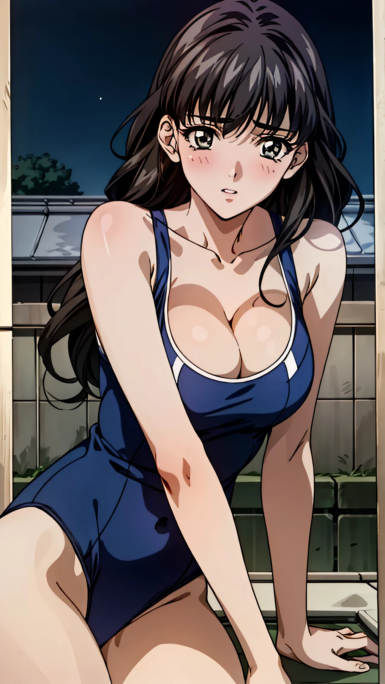 (masterpiece:1.3, Highest quality, Ultra-high resolution, Very detailed), (Realistic:1.1, photoRealistic:1.4), Beautiful illustrations, Perfect lighting, colorful, Detailed border, Anime Coloring、(Cleavage)
Beautiful fine hair, Beautiful and elegant face, Beautiful beautiful eyes, Beautiful clavicle, Beautiful body, Beautiful breasts, [Beautiful thighs, Beautiful legs, Beautiful fingers, 
Looking towards the audience, 1 girl, Japanese, high school girl, Perfect Face, (Perfect Anatomy, Anatomically correct), Symmetrical cute face, Baby Face, Sunburn, Glowing Skin, 
(Long Hair:1.5, Straight Hair:1.2, Hair Bath), Asymmetrical bangs, Dark green eyes, Long eyelashes, (Center of chest), thin, 
, ((Sexy high-cut school swimsuit)), ((Big Breasts))((Old townscape of Japan)), (((Shoulder))), ((night)), ((Cherry blossom background)), ((((Cleavage))))