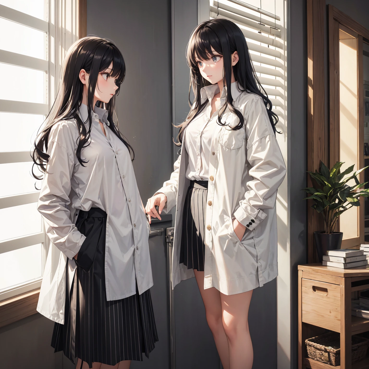 A boy with black hair and red locks in a mafia suit, a gun, brown eyes and white skin.
Next to the boy, a girl with dark brown hair (too much), green eyes and white skin, blue locks, matching black blouse and shorts, loose hair, not too short and bangs and holding a bat