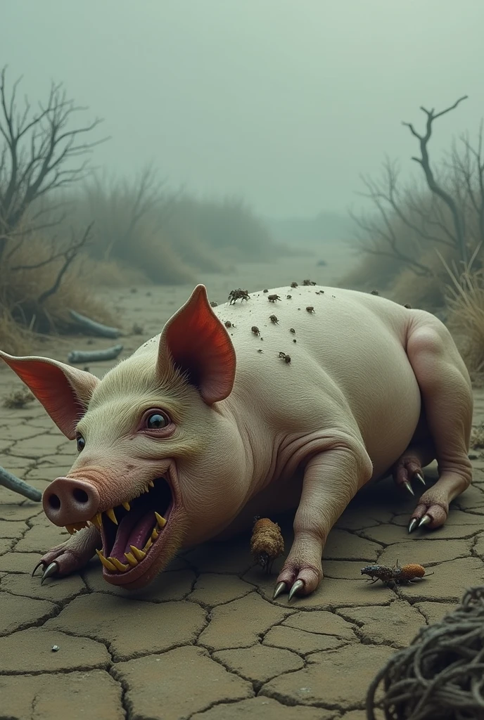 White rabbit, muscular, strong, angry, EATING scary alligator meat