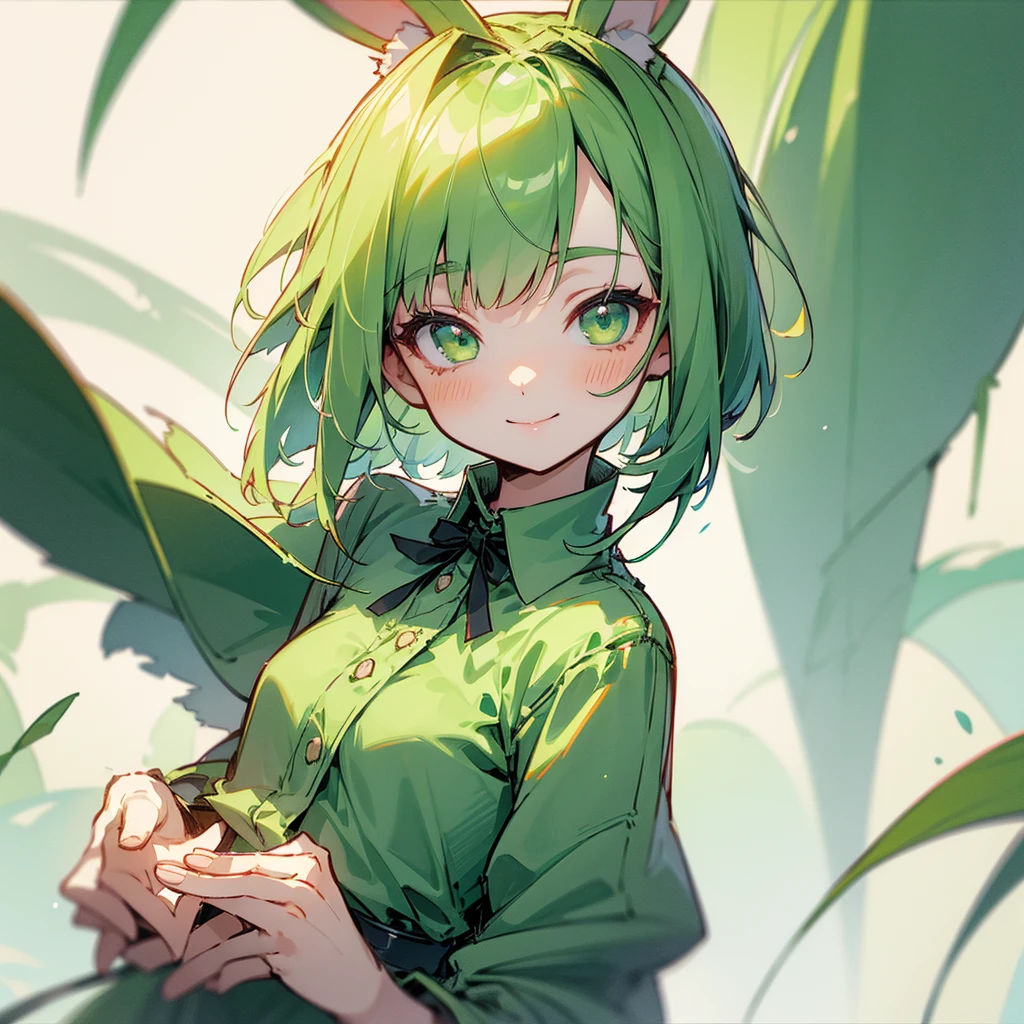 (long Green rabbit ears), green animal ears, (1 girl), green hair, green eyes, bob cut, thin eyebrows, smiling, young, alone, ****ta, childhood, child, short, orange prisoner uniform, dilapidated prison, tiny, baby face, pastel academia, cel anime, upper body, half body photo足をフレーム外へ, 足をフレーム外へ, 