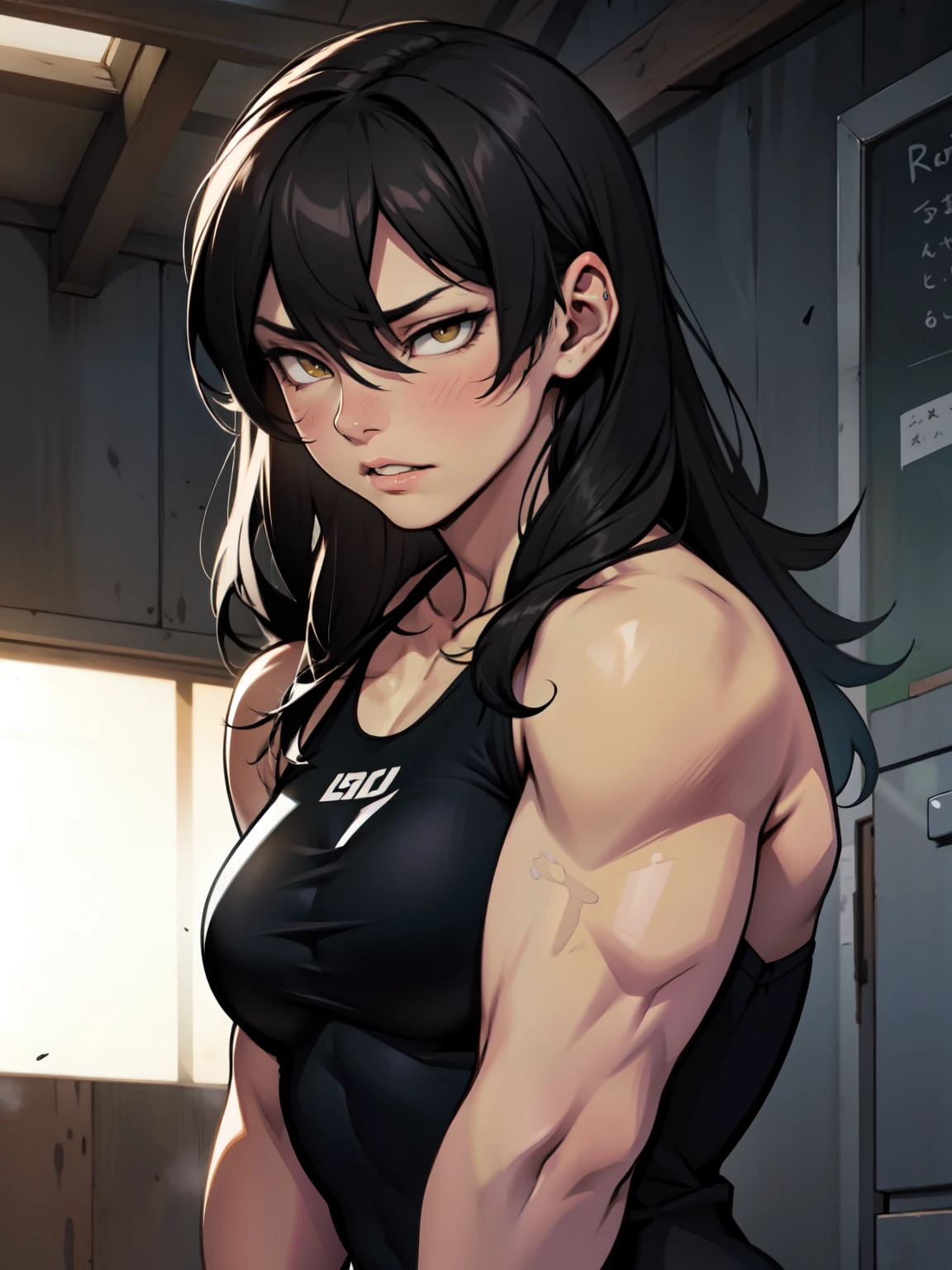 athletic build massive breasts pale skin black hair yellow eyes sad frown confused long hair