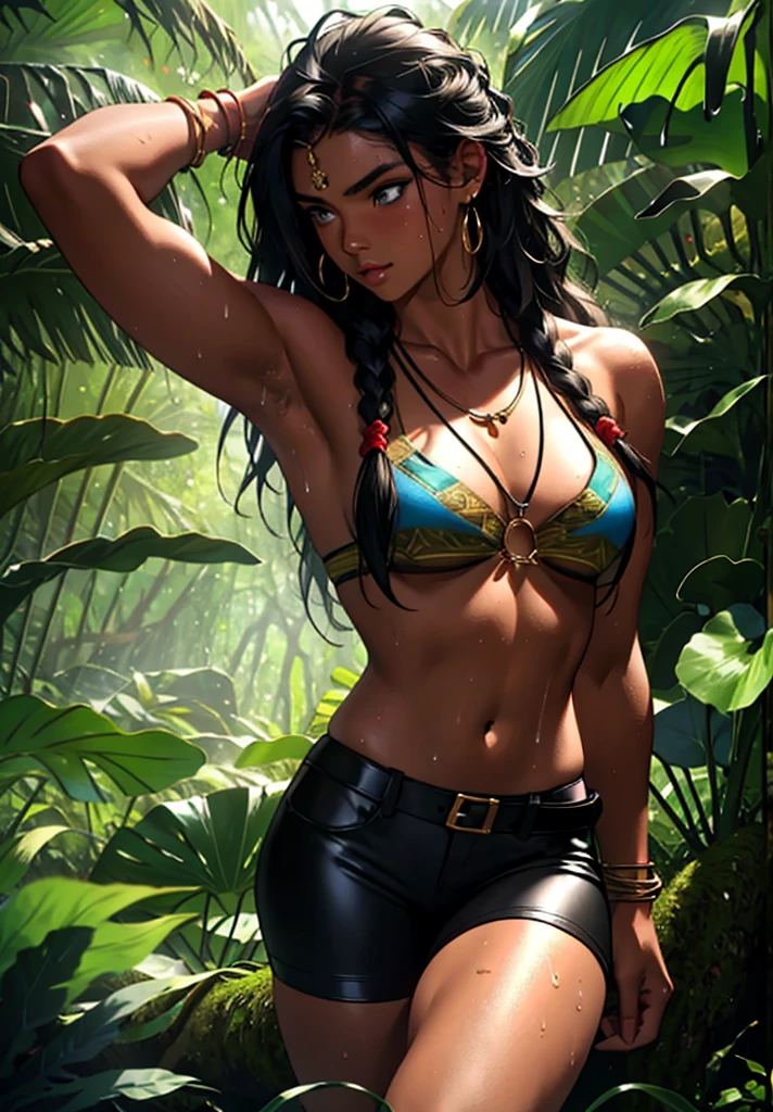 Wild Xavante India, tanned skin, extreme long black hair messes over naked boobs, huge macaw bluer parrot feather headdress, big cheeks, oversized firm breasts, traditional dress, bright honey eyes, slim and muscular body, full body, long black silky hair, silky skin, rising from a river ((thin, small)), photorealistic, photo, masterpiece, realistic , realism, photorealism, high contrast, photorealistic digital art trending in Artstation 8k HD high definition detailed realistic , detailed, skin texture, hyper detailed, realistic skin texture, armor, best quality, ultra high resolution, (photorealistic: 1.4), high resolution, detailed, raw shot, sharp re, by lee jeffries Nikon D850 Film Stock Photography 4 Kodak Portra 400 Camera F1.6 Lens Rich Colors Hyper Realistic Texture Realistic Dramatic Lighting Irrealengine Trending at Artstation Cinestill 800,