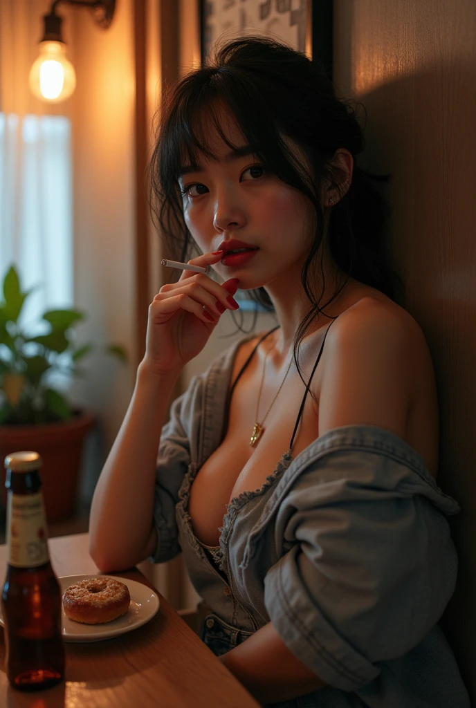 (((Filled with smoke))), An Asian person sitting near a table in a dimly lit cafe, Notice her face, Grey hat,(((Completely naked))),(((nsfw)))
