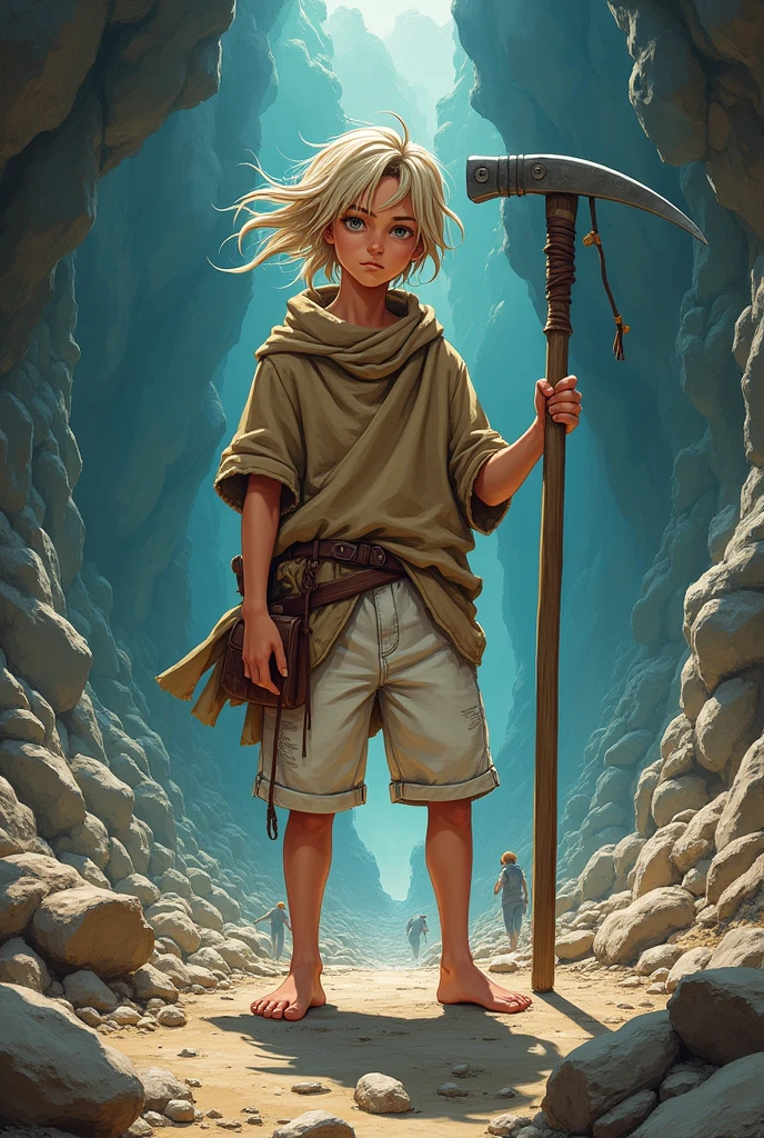 Grassroot, Full body version, Dwarf boy, boy , very short height, topless, boots, blue eyes, bald hair, full background in field snow, (one piece style art), standing gesture, bag