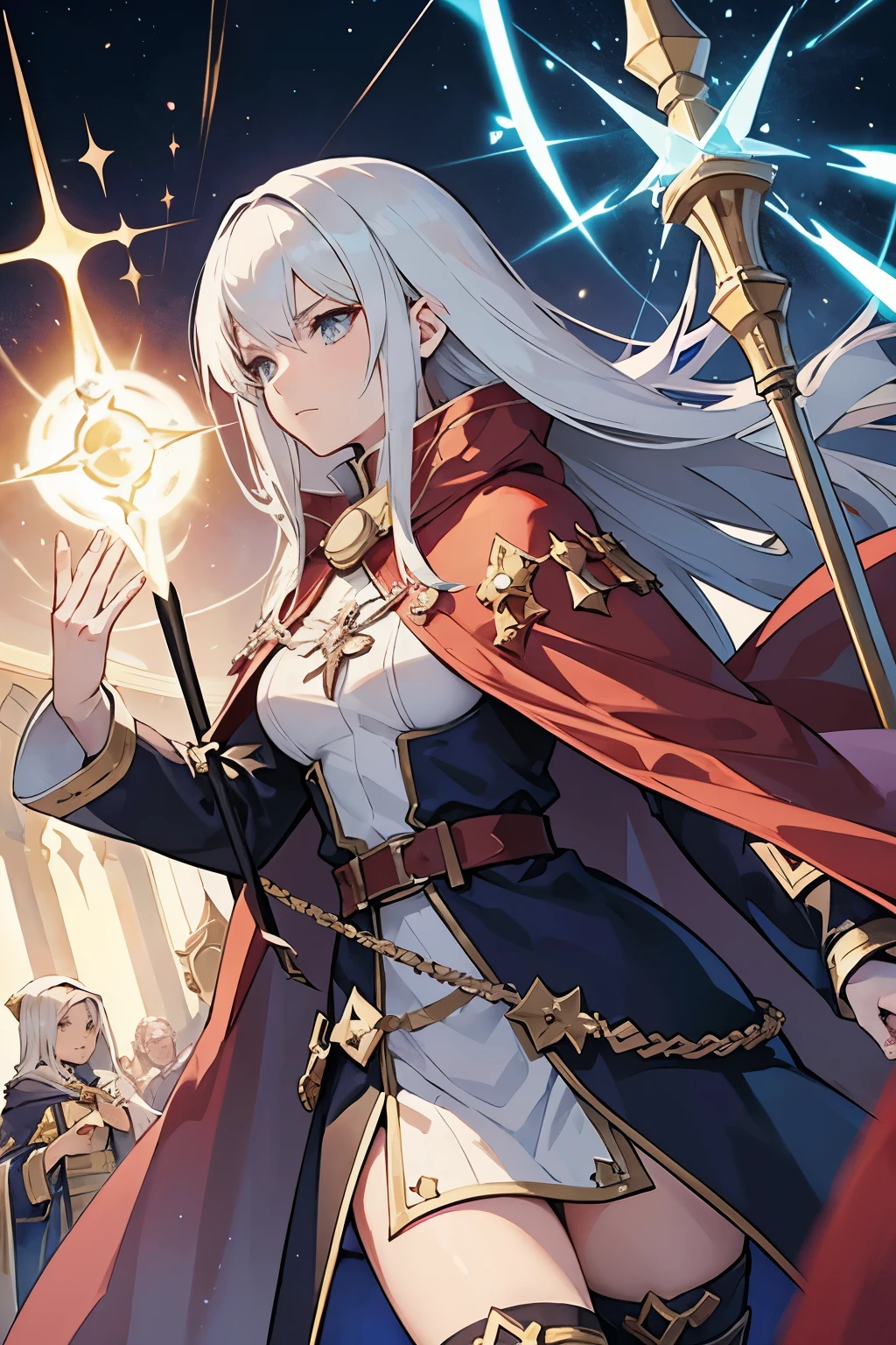 a woman in a cape holding a magic staff and a book, female cleric, female mage, female protagonist, pretty female cleric, dressed like a cleric, cleric, guilty gear art style, edelgard light emblem, with cape, as a badass monster hunter, as a dnd character