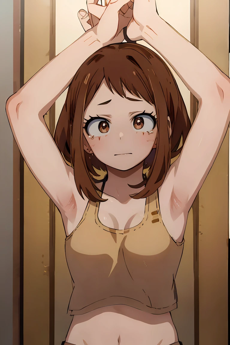 Ochaco_uraraka, Happy, Brown Hair, Brown eyes, Media chest, Tank tops, Stomach, belly button, bikini , whole body.Constraints、Raise your hands up、両手をConstraints、Hang、Crying face、Trance、Bondage